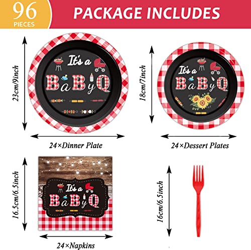 Tevxj 96 PCS BBQ Baby Shower Plates Napkins BabyQ Party Tableware It’s A Baby Q Disposable Paper Plates Napkins Sunflower Rustic Barbecue Gender Reveal Baby Shower Party Decorations Supplies Favors - style: BBQ