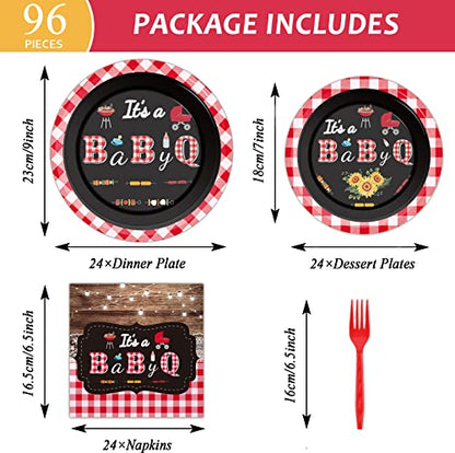 Tevxj 96 PCS BBQ Baby Shower Plates Napkins BabyQ Party Tableware It’s A Baby Q Disposable Paper Plates Napkins Sunflower Rustic Barbecue Gender Reveal Baby Shower Party Decorations Supplies Favors - style: BBQ