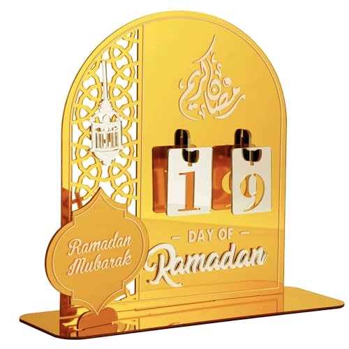 Ramadan Calendar Countdown Advent Calendars, 30 Days Til Eid, Acrylic Lantern Eid Mubarak Ornament table decor for Eid Mubarak Ramadan Kareem Tabletop Decoration (Golden) - color: Golden