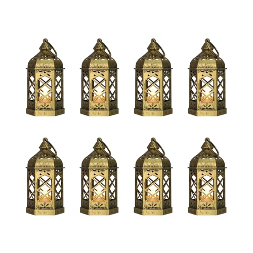 8-Pack Mini Lanterns with Flickering LED Candles for Ramadan, Small Decorative Hanging Lanterns for Halloween, Christmas, Wedding, Gold Lantern for Table Centerpiece, Garden Party Decor - color: Gold Brushed