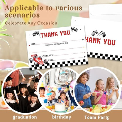 Kids Thank You Cards with Envelopes, Race car Theme Fill in the Blank Thank You Notes for Kids, Toddler Stationery Set, Ideal for Birthday Party, Graduation & School Gag Gifts - B09 - color: Race car Style