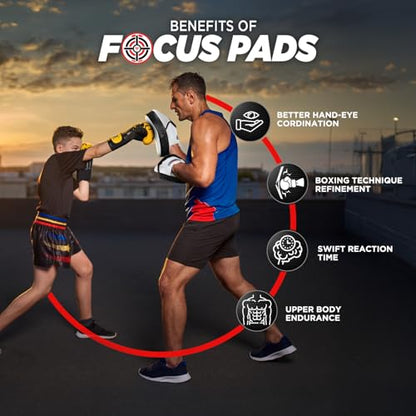 WYOX MMA Gloves & Boxing Focus Mitts Set – Hybrid Open Palm Grappling Gloves with Wrist Support + Curved Punching Pads with Gel Shock for Muay Thai, Kickboxing, Karate Training (Men & Women)
