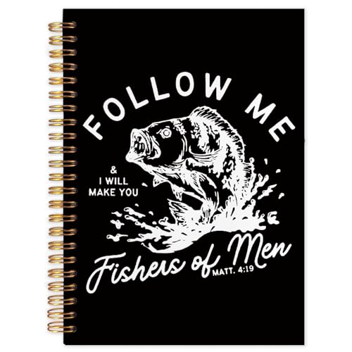 WUCHJ Black Retro Fish Christian Notebook, Matthew 4:19 Bible Verse Journal, Religious Scripture Spiral Notebook Journal for Note Taking, Christian Faith Based Gifts for Women Men, 5.5x8.3 Inch - color: black fish follow me