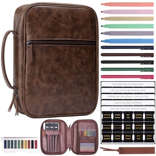 XKDOUS Bible Cover for Men Leather Bible Bag Large Book Carrying Case Kit - color: Coffee Leather