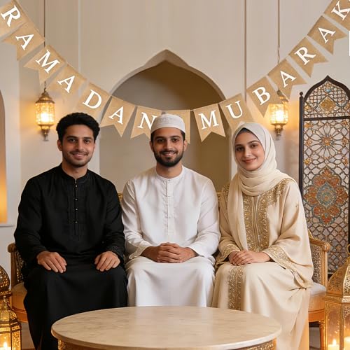 Ramadan Mubarak 배너 삼베 글리터 달과 별 표지판 사전 스트링 라마단 배너 이슬람 이드 장식, 벽난로 장식용 - color: 라마단