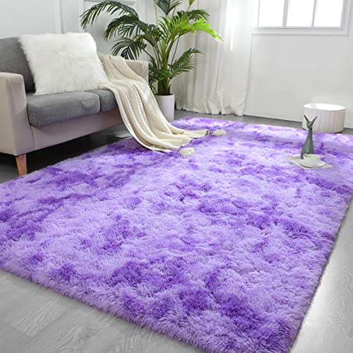 FlyDOIT Purple Tie-Dyed Large Rugs for Living Room, 4x6 Feet Shaggy Rug Fluffy Throw Carpets, Ultra Soft Plush Modern Indoor Fuzzy Rugs for Bedroom Girls Kids Nursery Room Dorm Home Decor - color: Purple, size: 4' x 6' (Rectangular)