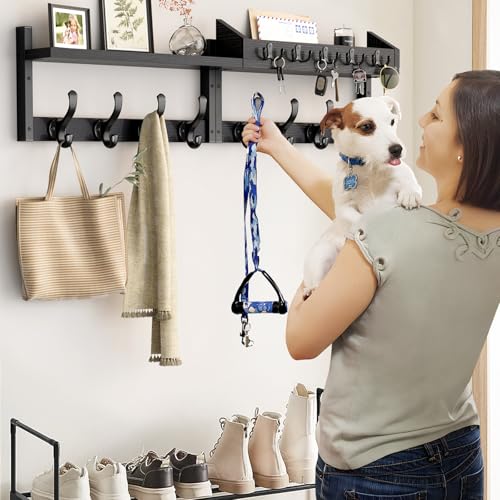 Evermagin 35" Coat Rack Wall Mount with Shelf, 4 in 1 Coat and Key Hanger with 13 Metal Hooks, Entryway Wall Mounted Shelf with Mail Holder for Living Room, Bedroom, Black - color: Black, size: 35 inch