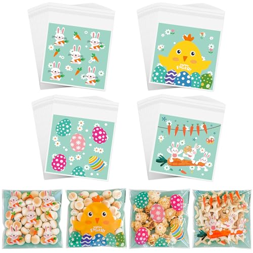100 Pcs Easter Cookie Bags - 4" x 4" Self-Sealing Easter Cellophane Treat Bags, 4 Adorable Designs Small Clear Plastic Candy Bags for Spring Party Favors, Mini Goodie Bags for Egg Fillers & Snacks - color: Easter 100pcs