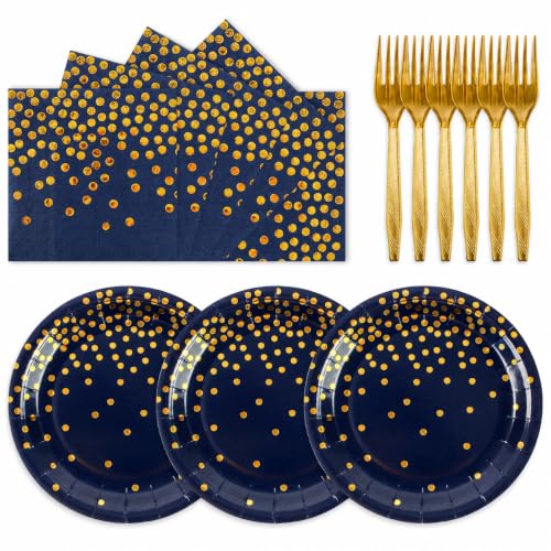 75PCS Paper Plates and Napkins Set, Dark Blue and Gold Dot, Serves 25 - color: Deep Blue Gold Dot, size: 7inch-75pcs