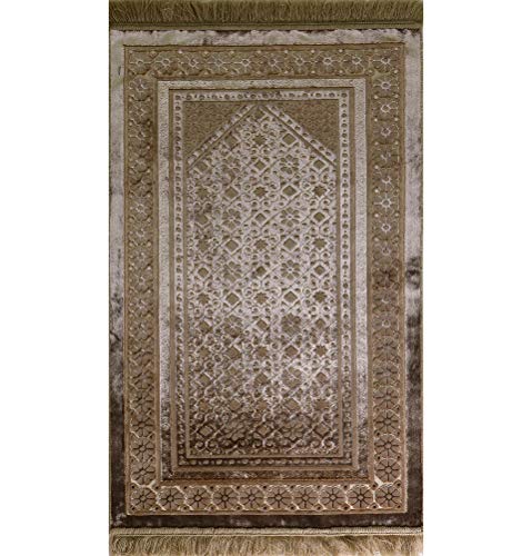 Modefa Velvet Prayer Rug with Prayer Beads Turkish Janamaz Sajadah Floral Stamp Luxury Plush (Mink) - color: Mink