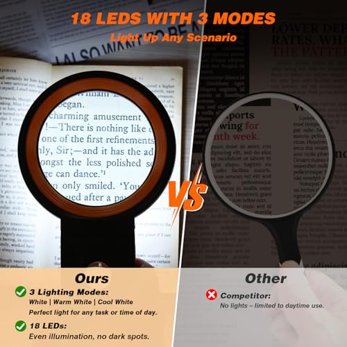 Magnifying Glass with Light and Stand, Foldable Handheld Magnifying Lenses 18 LED Illuminated Lighted Magnifier for Seniors Reading, Close Work, Coins, Jewelry Black - color: Black
