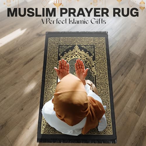 Muslim Prayer Rug with Islam Prayer Beads - Travel Prayer Mat, Islamic Gifts for Women, Portable Prayer Matt Islam, Islamic Prayer Rug Islam Men Women, Praying Mat for Muslim Gifts, Black