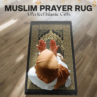 Muslim Prayer Rug with Islam Prayer Beads - Travel Prayer Mat, Islamic Gifts for Women, Portable Prayer Matt Islam, Islamic Prayer Rug Islam Men Women, Praying Mat for Muslim Gifts, Black