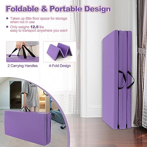 Goplus Gymnastics Mat, Folding Tumbling Mat with Carry Handles, Hook & Loop Fasteners, 4 Panels for Fitness Exercise Yoga Stretching Aerobics Workouts, Thick Gym Mats for Home - color: Purple