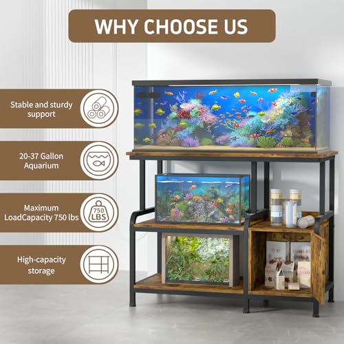 20-29-37 Gallon Tank Stand，750 lbs Capacity 29 Gallon Aquarium Stand，Heavy-Duty 3-Level Reptile Stand with Built-in Storage，36.8×15.7×31.5" Steel Terrarium Rack，Retro Brown