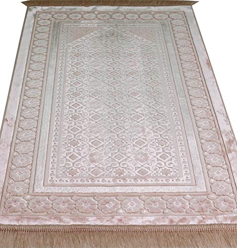 Modefa Velvet Prayer Rug with Prayer Beads Turkish Janamaz Sajadah Floral Stamp Luxury Plush (Light Pink) - color: Light Pink