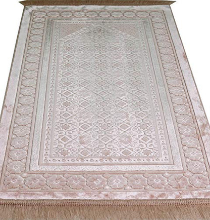 Modefa Velvet Prayer Rug with Prayer Beads Turkish Janamaz Sajadah Floral Stamp Luxury Plush (Light Pink) - color: Light Pink