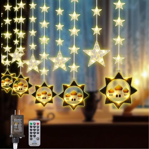 Vigdur Ramadan Star Curtain Lights, 120 LEDs Eid Mubark Castle Curtain Fairy Lights with Remote & 8 Lighting Modes, Ramadan Decoration Lights for Home Holiday Eid Decorations(10FT) - color: Castle Lights