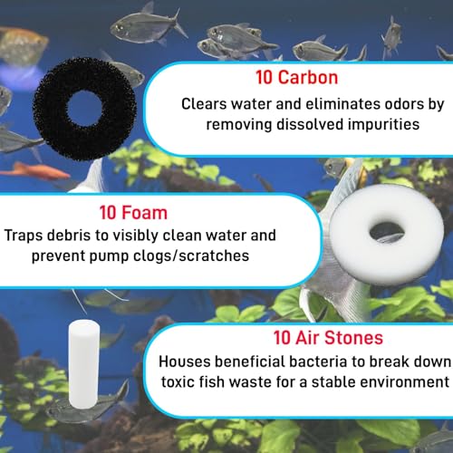 Filter Replacement Kit Compatible with BiOrb Aquariums: Foam and Carbon Rings Filter with Air Stone - 10 Carbon, 10 Foam, 10 Air Stones (30 Pack)
