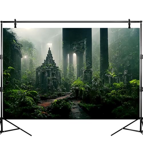 Fantasy Ancient Temple Aquarium Background Jungle Stone Columns Mysterious Foggy Rainforest Green Plants Fish Tank Background Magical Misty Rock Ruins Reptile Tank Enclosure Backgrounds 30x18in - color: Foggy Green, size: 30(W)x18(H)inches/ 75(W)*45cm(H)