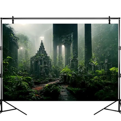 Fantasy Ancient Temple Aquarium Background Jungle Stone Columns Mysterious Foggy Rainforest Green Plants Fish Tank Background Magical Misty Rock Ruins Reptile Tank Enclosure Backgrounds 24x12in - color: Foggy Green, size: 24(W)x12(H)inches/ 60(W)*30cm(H)
