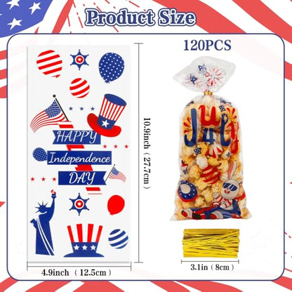 4th of July Treat Bags, 120 PCS Patriotic Cellophane Bags, Plastic Clear Red White Blue Candy Cookie Gift Goodie Snack Bag with Twist Tie for Independence Day 4th Fourth of July Party Favors Supplies - color: Clear-Patriotic-120pcs