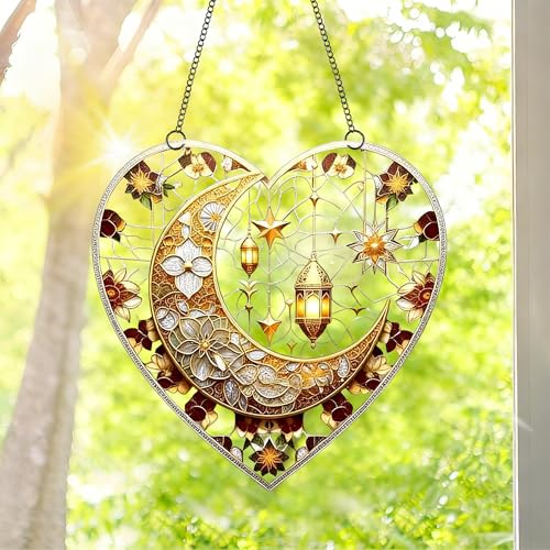 Heart Shaped Crescent Moon Lantern Floral Acrylic Suncatcher with Hanging Chain, Islamic Style Window Decor for Home, Patio, Garden,Ideal Present for Ramadan, Eid, Wedding, Housewarming/YX-45