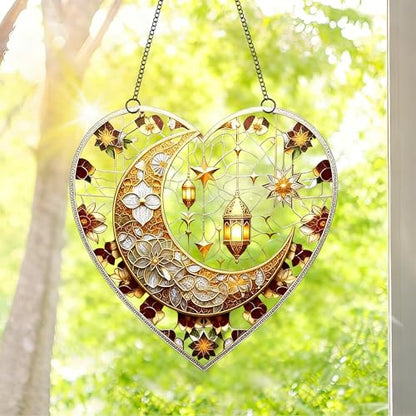 Heart Shaped Crescent Moon Lantern Floral Acrylic Suncatcher with Hanging Chain, Islamic Style Window Decor for Home, Patio, Garden,Ideal Present for Ramadan, Eid, Wedding, Housewarming/YX-45