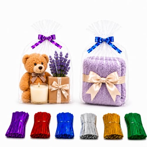 200 Clear Cellophane Gift Bags 10'' x 13'' (25.4 x 33cm) with Twist Ties 6 Mix Colors - 1.4 Mil Thick OPP Gift Basket Bags for Mugs, Towels, Plush Toys, Holiday Sets and Party Bundles - size: 10'' x 13''