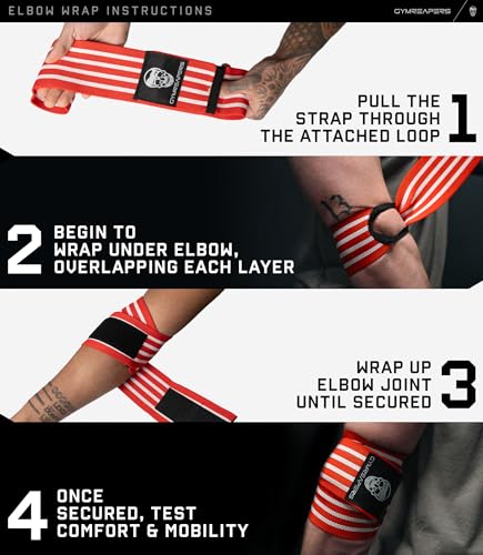Gymreapers Weightlifting Elbow Wraps (1 Pair) - Flexible 40'' Elbow Compression Strap & Joint Support Brace - for Bench Press, Powerlifting, and Pressing - color: Red/White