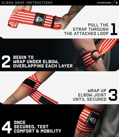 Gymreapers Weightlifting Elbow Wraps (1 Pair) - Flexible 40'' Elbow Compression Strap & Joint Support Brace - for Bench Press, Powerlifting, and Pressing - color: Red/White