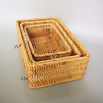 Handmade Rectangle Wicker Fruit Box Rattan Tray Magazine Organizer and Small Objects Container Serving Basket (3-Size/Kit) - size: 3-Size/Kit