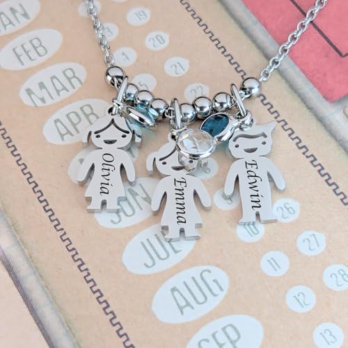 Handmade Family Necklace- Custom Jewelry with Baby, Kids and Pet Names, Personalized Family Charms, Unique Gift for Parents, Engraved Kid Pendants, Customizable Birthstone - color: White gold color
