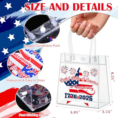 Aliceset 24 Pcs 250th Anniversary Clear PVC Gift Bags with Handles Patriotic Waterproof Reusable Tote for 4th of July Independence Day Party Favors, 6.31" x 5.91" x 3.15" - style: Patriotic