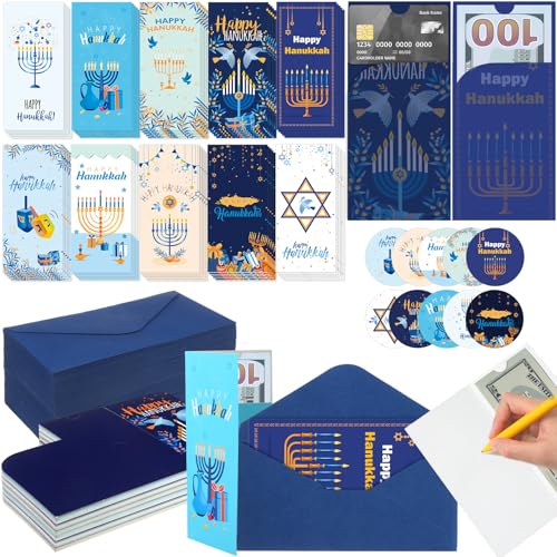 Engrowtic 50 Sets Happy Hanukkah Money Cards with Envelopes Hanukkah Chanukah Gift Card Money Holder Xmas Cards Bulk with Envelopes & Stickers for Friends Family Holidays - style: Hanukkah