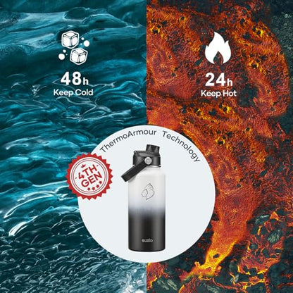 BUZIO 32 oz Water Bottle Insulated, Leakproof Stainless Steel Flask (Cold for 48 Hrs), Wide Mouth BPA-Free Metal Thermo Hydro Canteen with 2 Lids, Day & Night - color: Day & Night, size: 32 Ounces