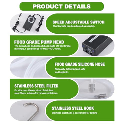 Food Grade Adjustable Speed Self -Priming Water Pump, 100-240V 2L/Min Siphon Water Transfer Pump for Bottled Water, Wine， Fish Tank Water Changer, 5 Gallon Dispenser, Small Pond Fountain Circulation