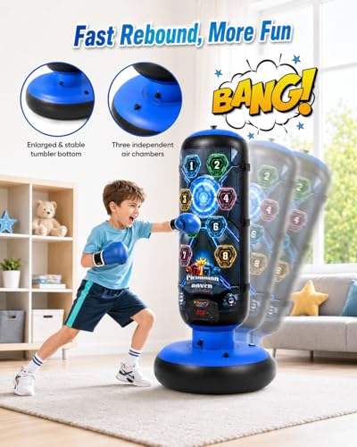 Punching Bag for Kids, Inflatable Boxing Bag with Electronic Scoring, Lights, Music & 4 Training Modes, Boxing Set with Gloves & Air Pump, Birthday Gifts for Boys & Girls 4-12