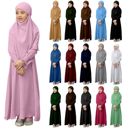 Muslim Dress for Girls Prayer Abaya with Hijab Toddler Islamic Cardigan Clothes Kaftan Robe Maxi Dresses Ramadan - color: 1-pink, size: 7-8 Years