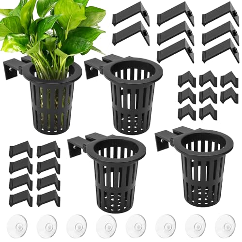 4Pack Aquarium Plant Holder ，Suction Cups and Hooks for Fish Tank Aquaponic Plant Cultivation and Different Tank Thickness，Black