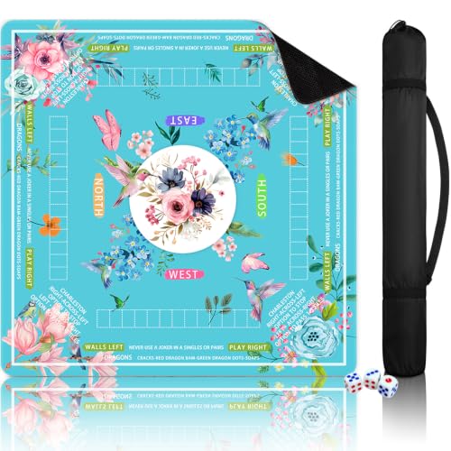 31.5" x 31.5" Floral Mahjong Mats with Rules, Game Mats for Table - color: Blue