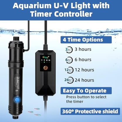 hygger 9W Aquarium U-V Light with Timer, 360° Protective Shield Clean Light for Crystal Clear Green Water, Submersible Fish Tank Cleaner for 60–100 Gallon Freshwater & Saltwater Aquariums - size: 1.97 x 10.43 inches