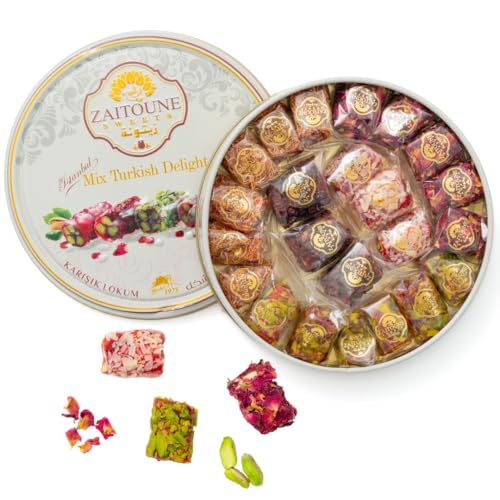 Zaitoune Turkish Delight Mix - 9 oz | Luxury Coatings of Pomegranate, Pistachio, Coconut, Kataifi & Rose | Authentic Lokum Sweet Assortment in a Beautiful Gift Tin | Handmade & Individually Wrapped - size: 9 Ounce (Pack of 1)