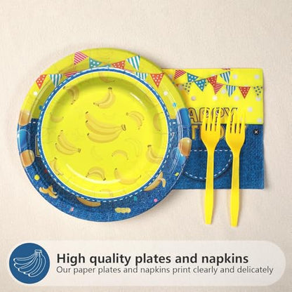 Grencian 96Pcs Yellow Cartoon Birthday Party Decorations Yellow Cartoon Paper Plates and Napkins Banana Theme Disposable Tableware for Banana Theme Birthday Decorations Serves 24 - style: Yellow Cowboy Birthday
