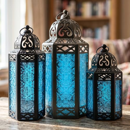 Vela Lanterns Decorative Indoor & Outdoor Moroccan Candle Holders, Blue | Wedding Table Centerpieces, Ramadan & Eid Decorations, Turkish Hanging Lamp, Fireplace Mantel, Diwali, Set of 3 (L, M, S) - color: Blue, size: LAR-MED-SM