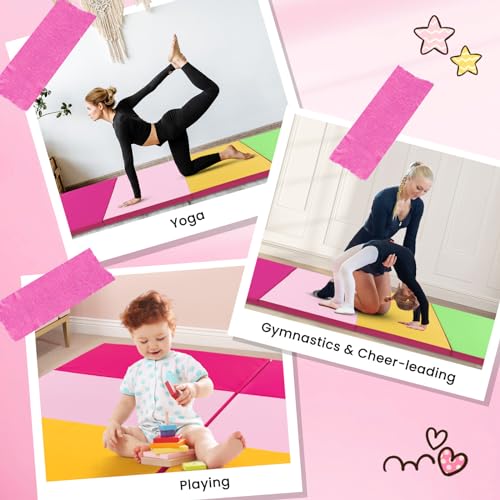 Giantex 4'x10'x 2" Gymnastics Mat, 4-Panel Folding Aerobics Exercise Mat w/Hook & Loop Fastener, Carrying Handle, Portable Tumbling Mat for Stretching Yoga Cheerleading Martial Arts - color: Green/Yellow/Pink