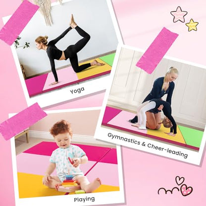 Giantex 4'x10'x 2" Gymnastics Mat, 4-Panel Folding Aerobics Exercise Mat w/Hook & Loop Fastener, Carrying Handle, Portable Tumbling Mat for Stretching Yoga Cheerleading Martial Arts - color: Green/Yellow/Pink
