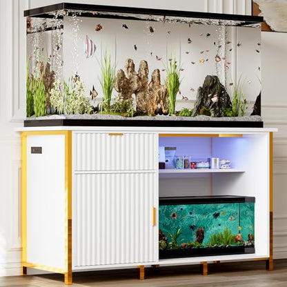 55-75 Gallon Fish Tank Stand with Power Outlets, LED Light, Vertical Lines, Heavy Duty Aquarium Stand with Cabinet for Fish Tank Accessories Storage, Turtle Tank, Reptile Terrarium, 1100LBS, White - color: White and Gold