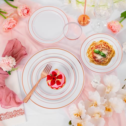 Supernal 400pcs Rose Gold Plastic Plates Disaposable Heavy Duty included Disposable Utensils& Plastic Party Plates Disaposable Party Cups and Napkins Sets for Valentine's Day Mother's Day and Easter - color: 400pcs White and Rose Gold Plastic Plates Disap