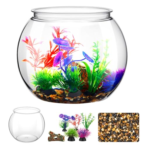 1 Gallon Plastic Betta Fish Bowl with 6 Pcs Artificial Plastic Plants and 500g Decorative Gravel, Betta Fish Tank and Decoration Accessories Small Large Bowl Ornaments Starter Kit - size: 1 Gallon